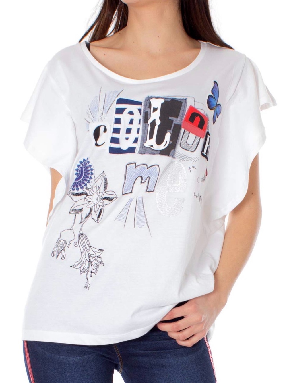 Desigual Graziana Wearable Art Blouse M White Fluttered Sleeve Cotton